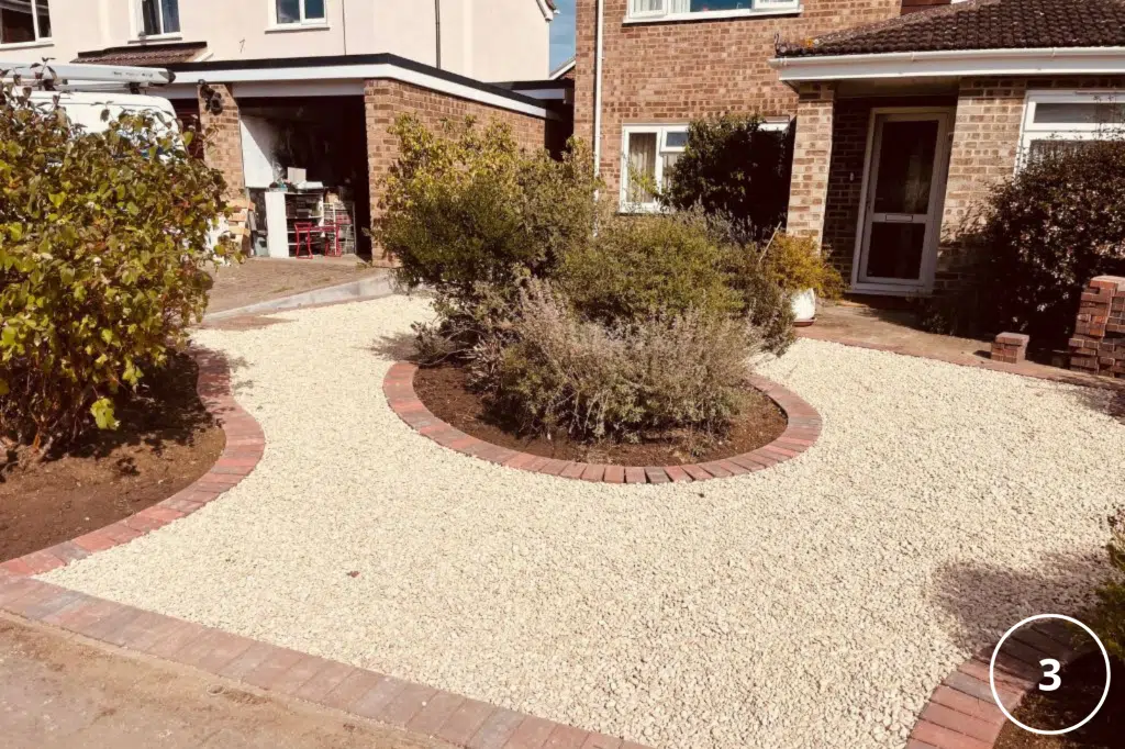 Block paving and shingle with decorative curves